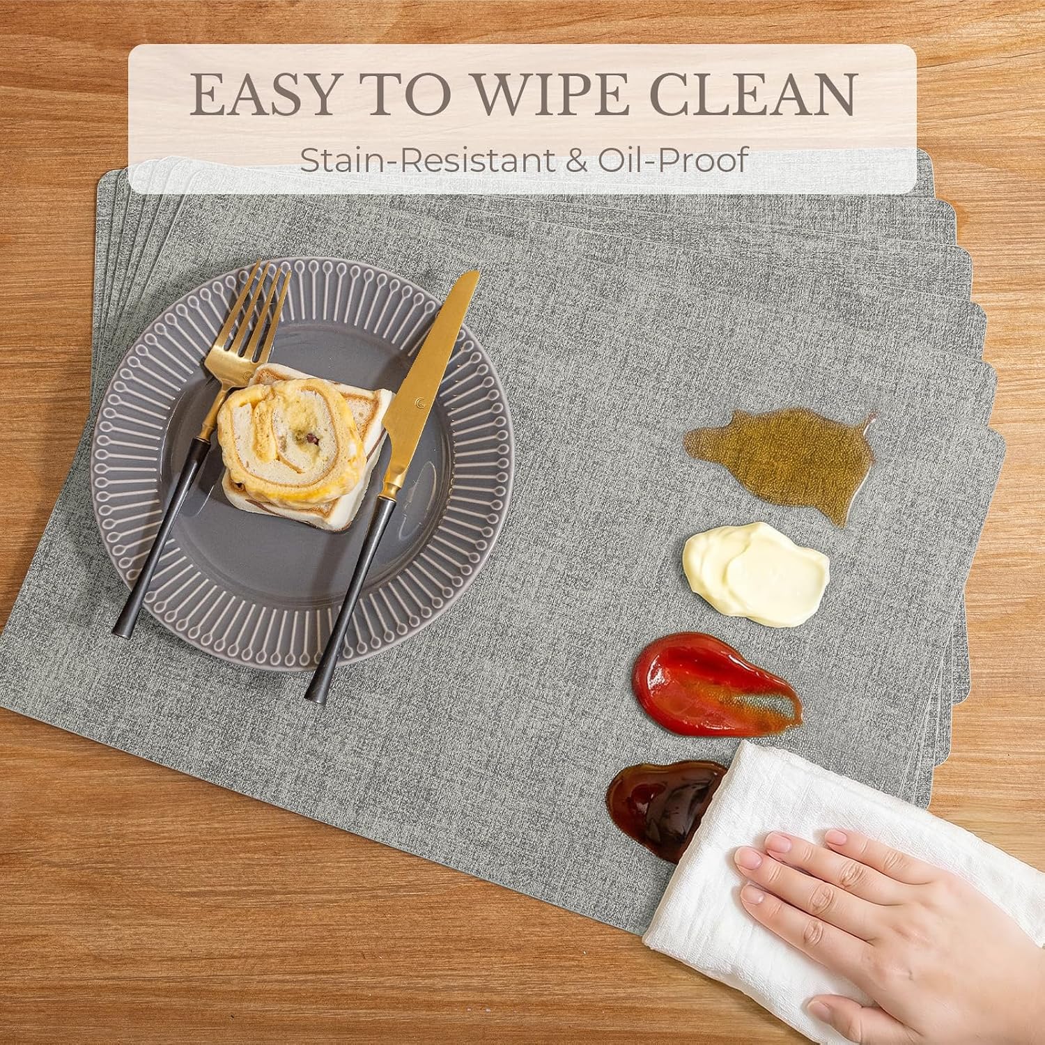 Romanstile Faux Leather Vinyl Placemats Set of 8, Light Grey | 100% Waterproof Wipeable Anti Slip Place Mats, Heat