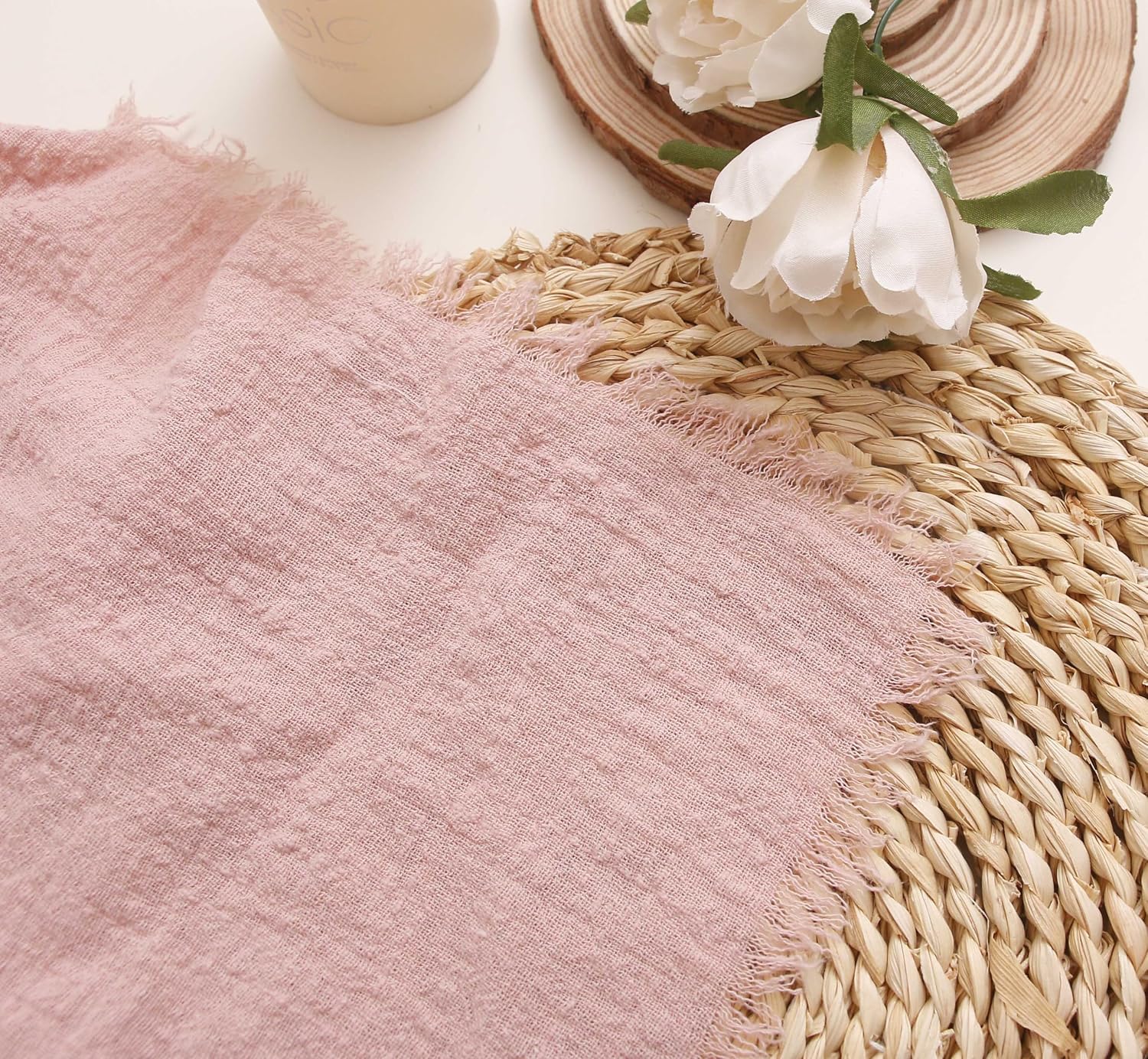 Cloth Napkins with Fringe Set of 12, Soft Cotton, 16 x 16 Inch, Dusty Pink | Boho Rustic Dinner Napkins, Reusable