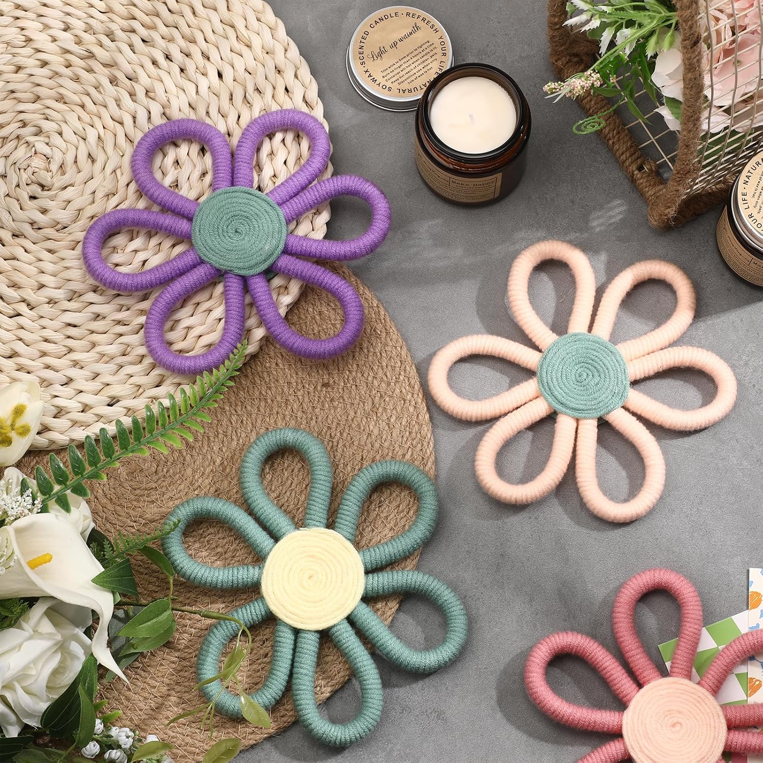 Boho Nursery Decor Flower Daisy Wall Art Woven Macrame Wall / Vivid Colors / 6 Inch / Set of 6