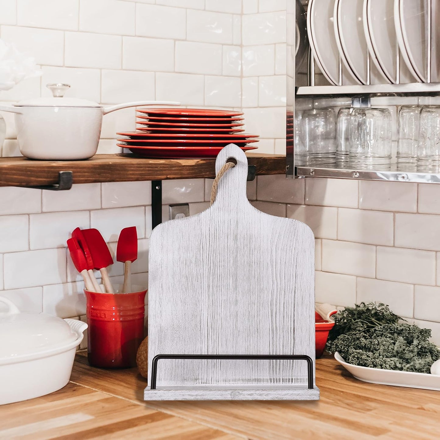 Soligt Cookbook Stand for Kitchen Counter - White | Adjustable Recipe Book Holder Rustic Wood Cutting Board Style