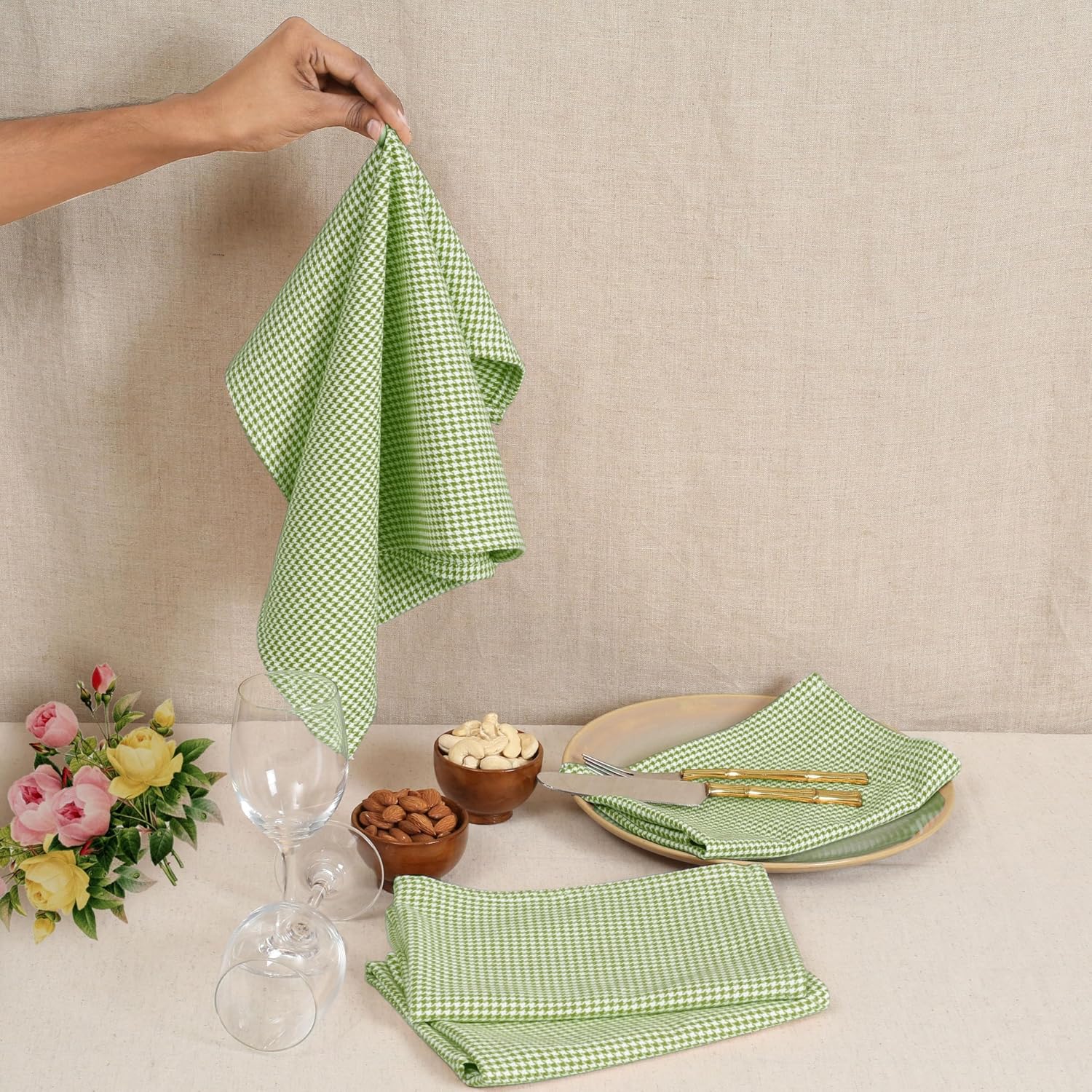 Native Fab Easter Cloth Napkins Set of 12 - Houndstooth Pattern - 100% Cotton Bulk Spring Table Linens - 18x18 Inches