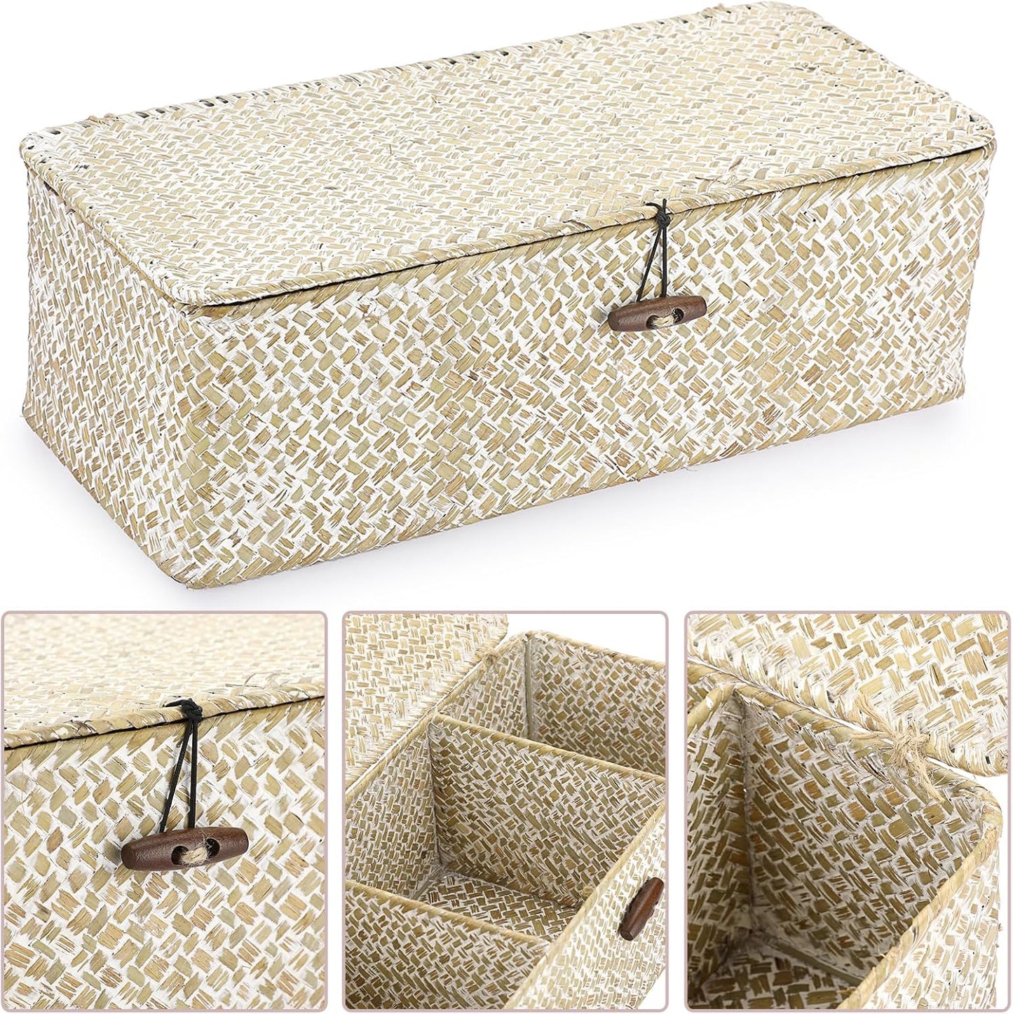 Seagrass Storage Basket Bin 3 Sections Hand-Woven Wicker Baskets / Medium / Whitewash