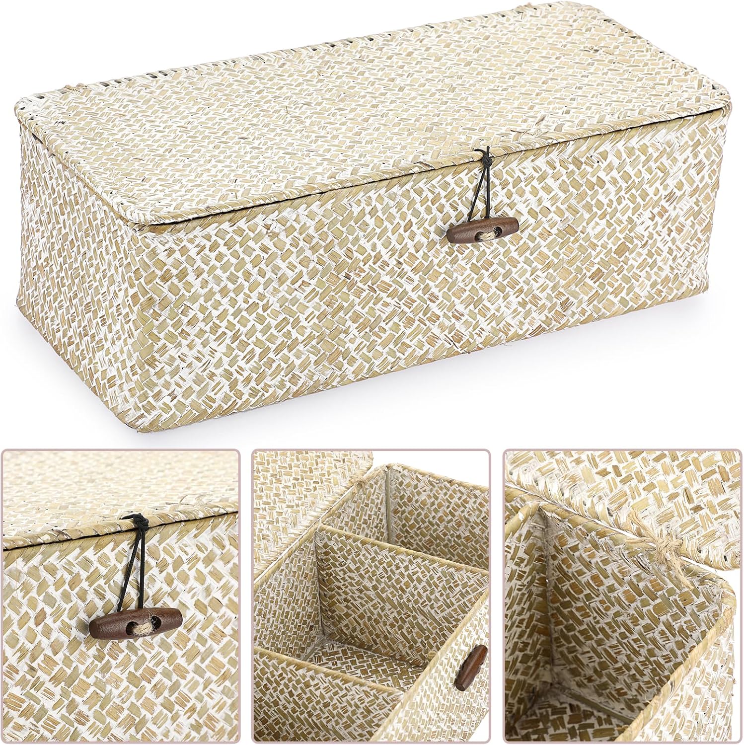 Seagrass Storage Basket Bin 3 Sections Hand-Woven Wicker Baskets / Medium / Whitewash