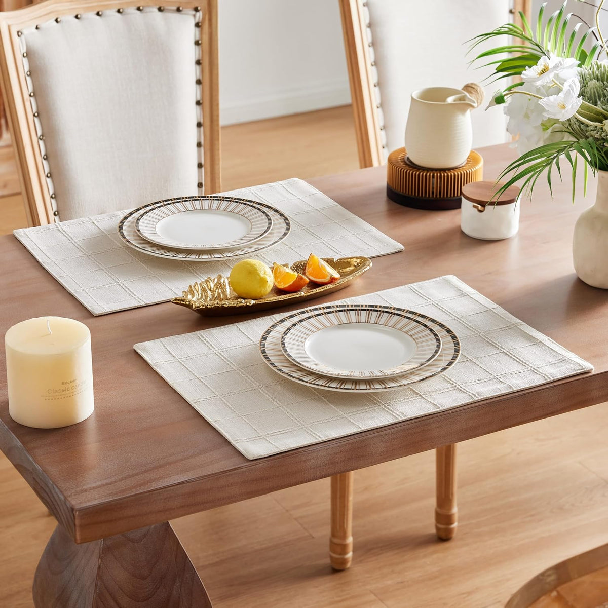 Linen Checked Farmhouse Placemats Set of 4, Ivory 13x19in | Double Layer, Reversible, Thick Textured Table Mats, Raised