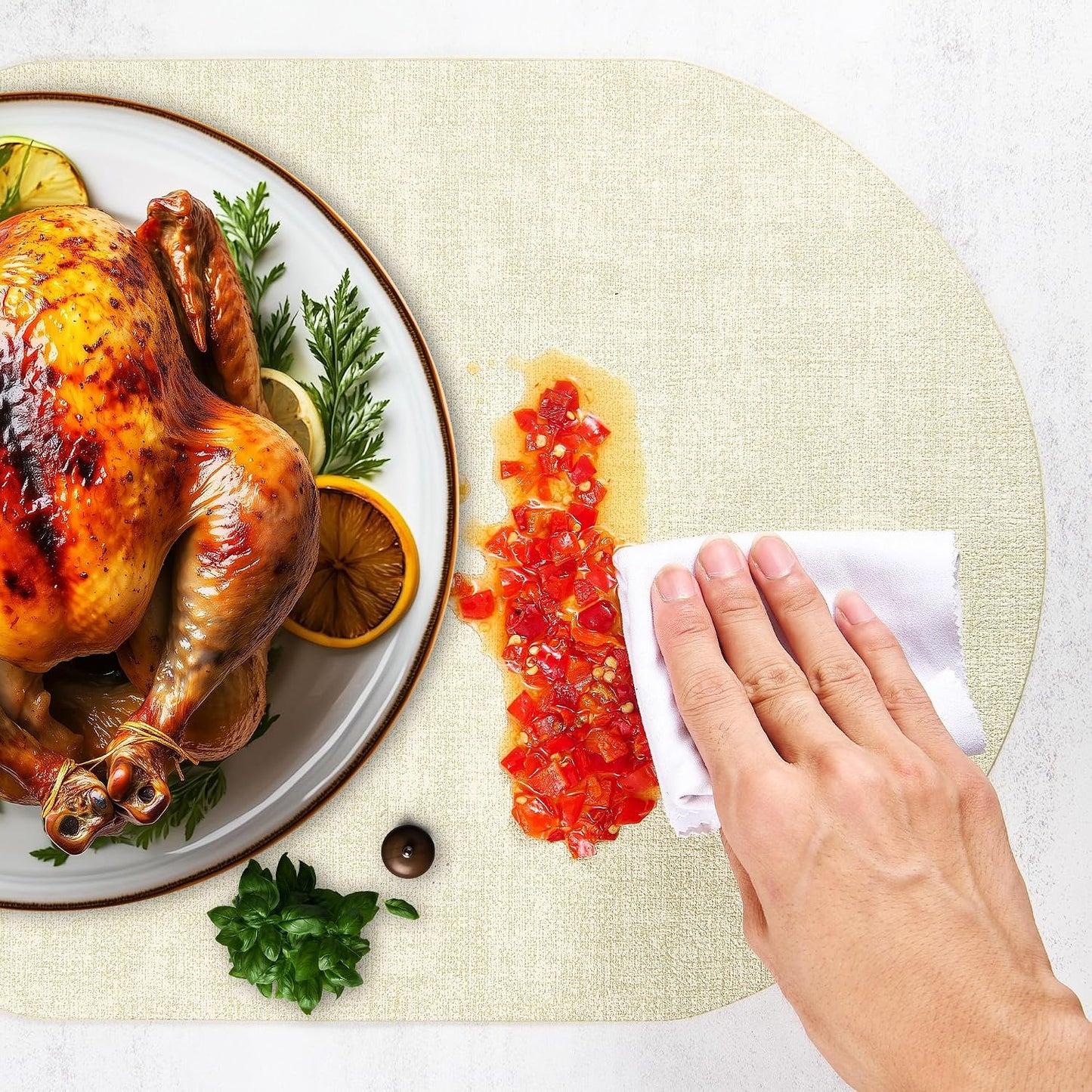 DOLOPL Oval Placemats Set of 6, Beige Faux Leather Place Mats, Large | Large Size 13.8" x 21.6", Reversible, Wipeable &