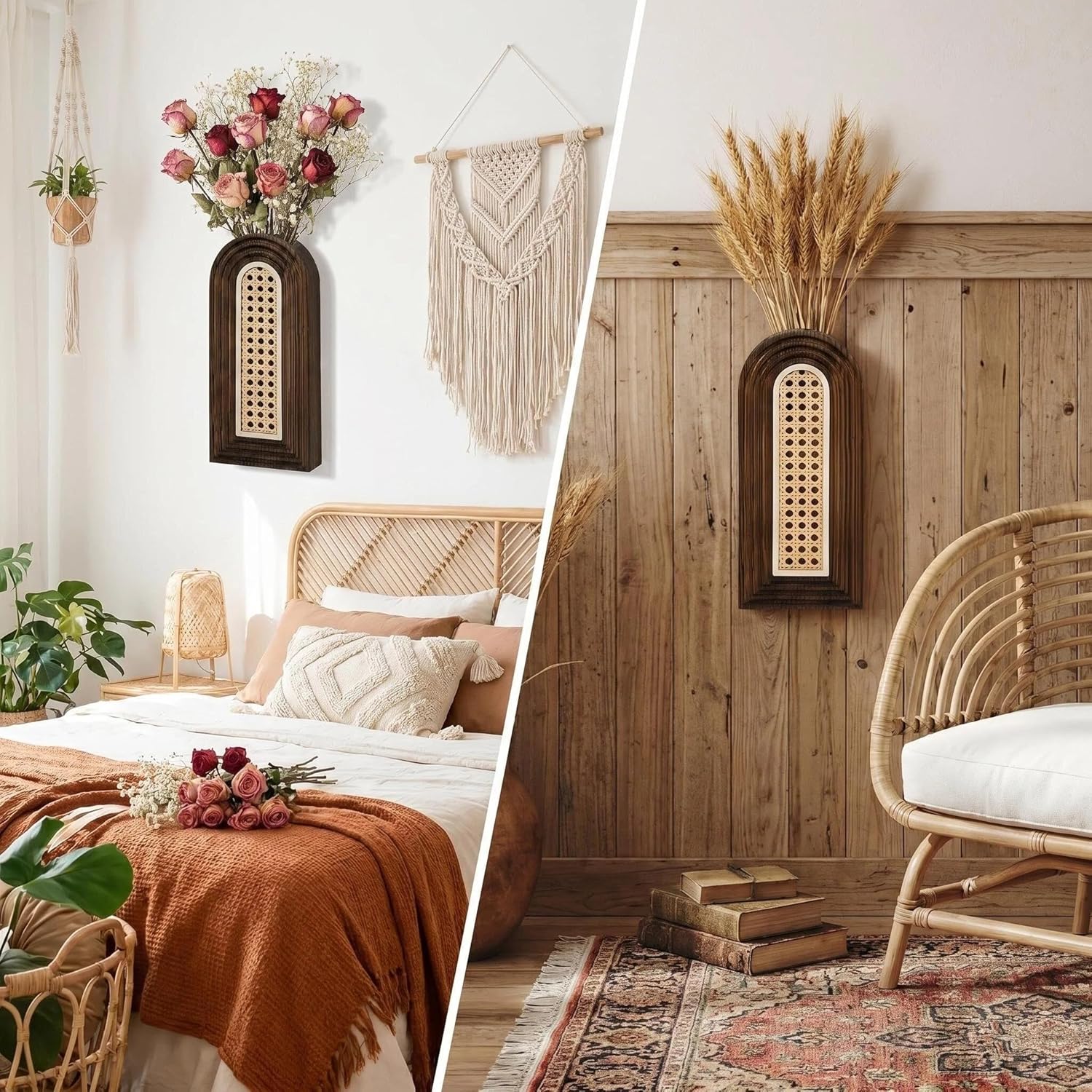 Wooden Wall Vase Set / Rattan-dark Brown / Set of 2