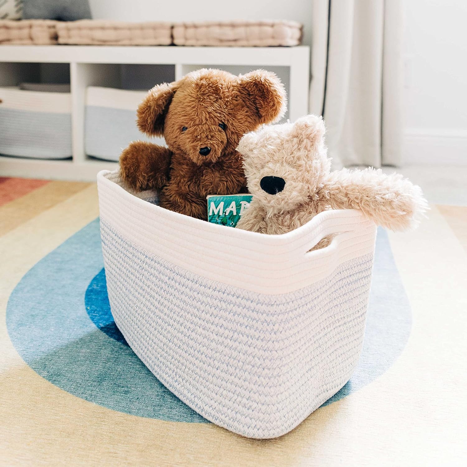 Blue Cotton Rope Baskets / Blue / Off-white / 15 x 10 x 9 / Set of 3