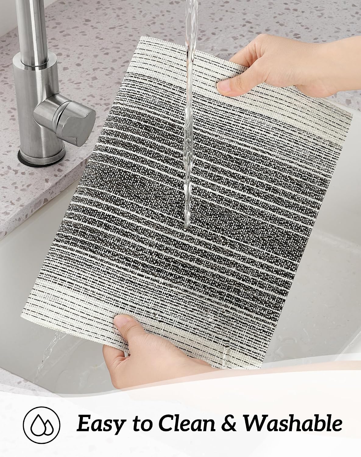 Leetaltree Woven Vinyl Placemats Set of 8,Black& White | Waterproof & Washable Dining Table Mats for Wedding