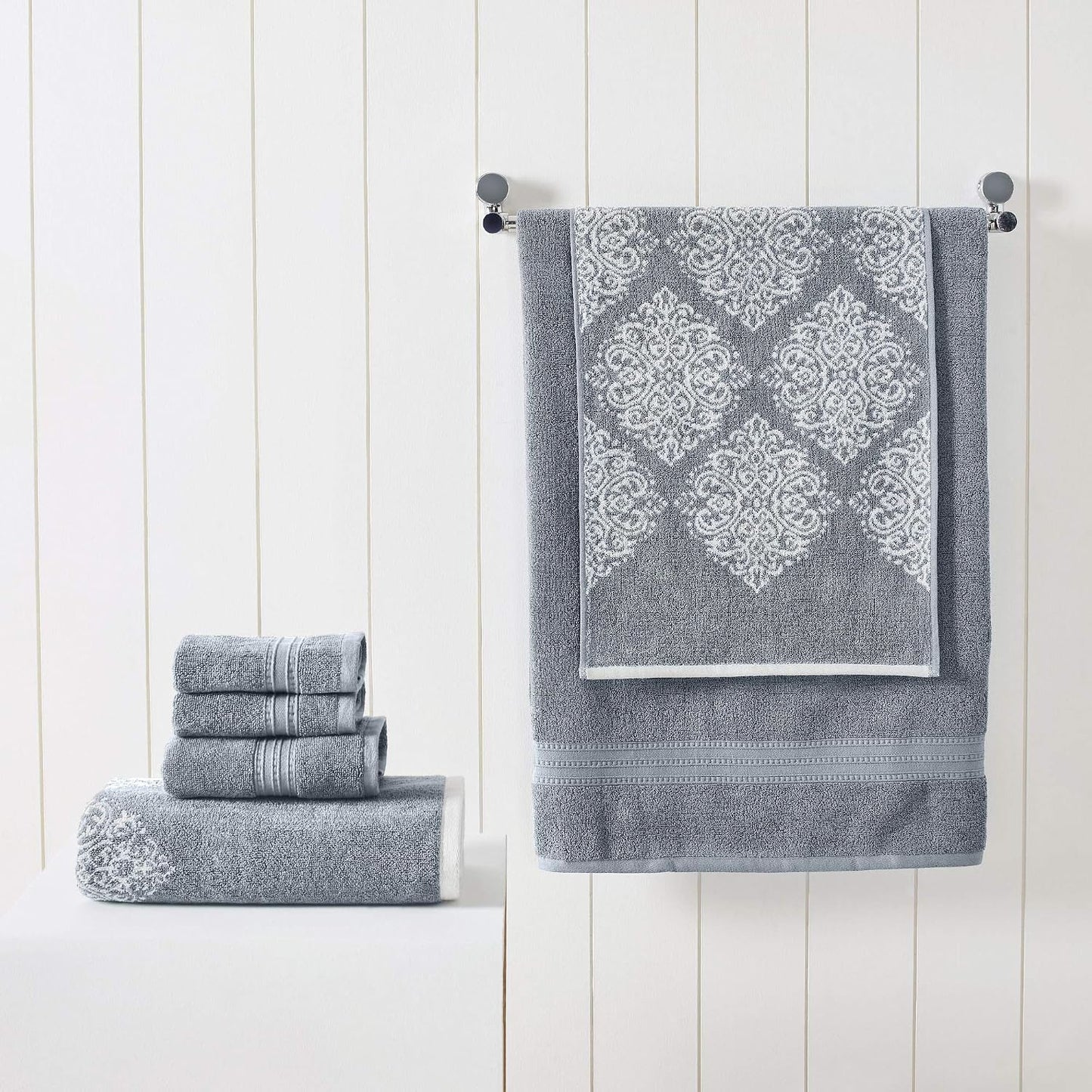 Modern Threads 6-Piece 100% Cotton Damask Medallion Towel Set, Blue | Highly Absorbent, Soft & Plush, Quick-Drying, 550