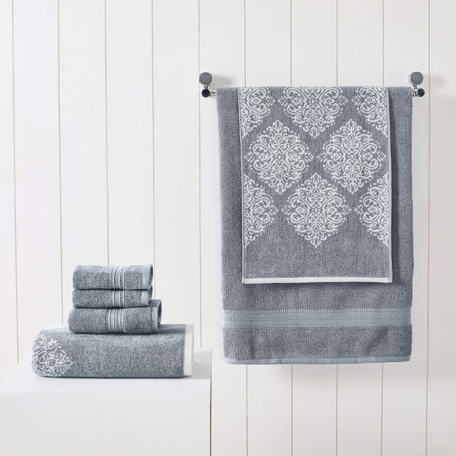 Modern Threads 6-Piece 100% Cotton Damask Medallion Towel Set, Blue | Highly Absorbent, Soft & Plush, Quick-Drying, 550