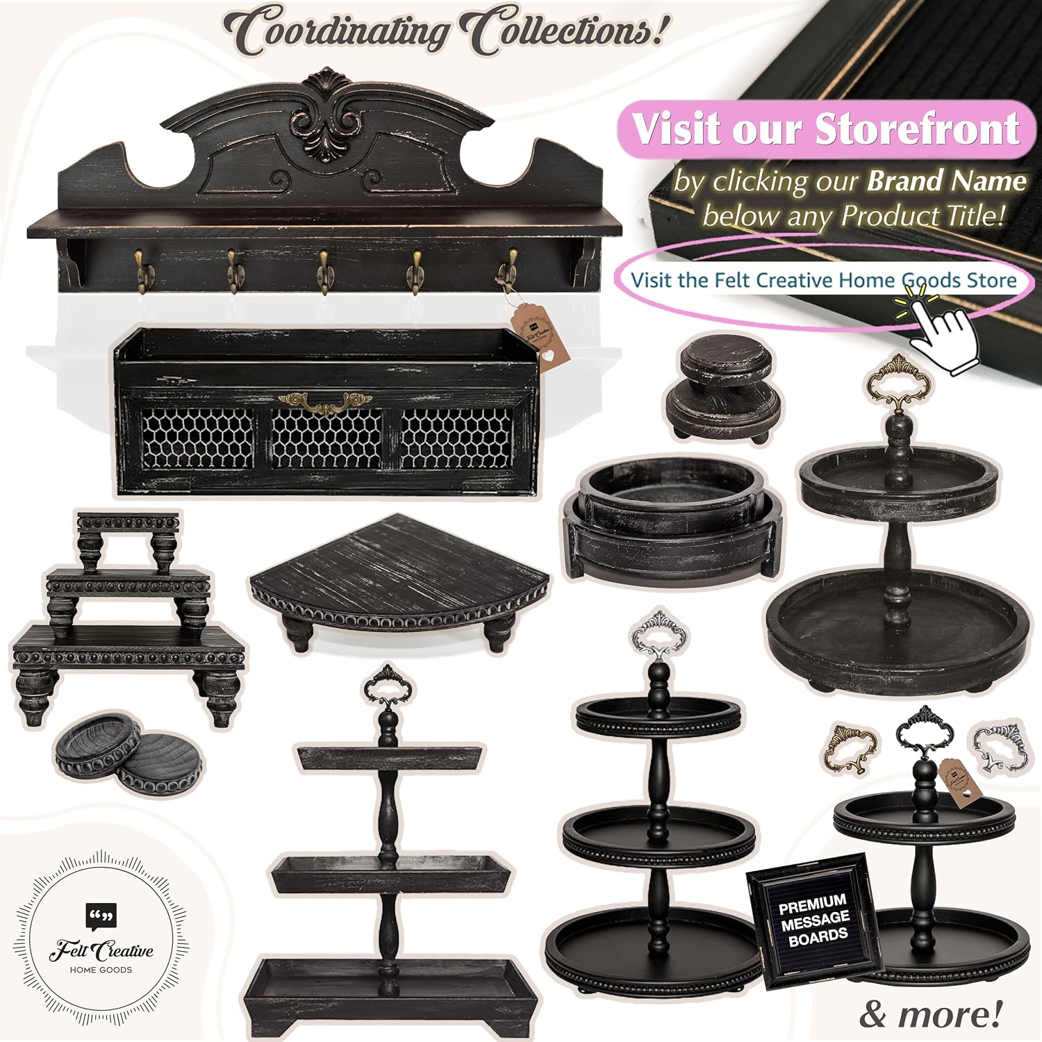 Farmhouse Wood Rounded Beaded Tray / Rustic Black
