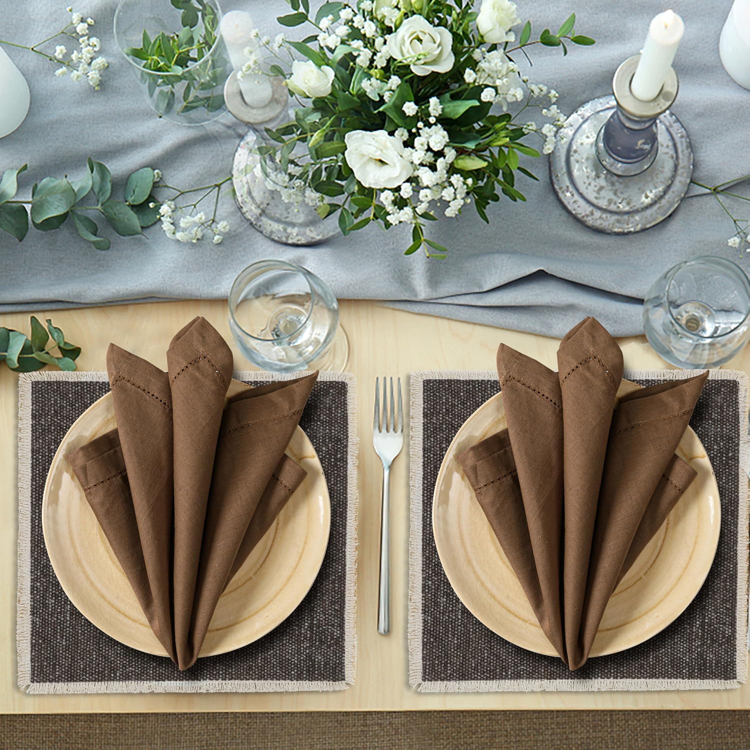 Ramanta Home Brown Cloth Dinner Napkin Set of 12-18x18 Inch | Cotton Linen Flax Hemstitched Napkins Washable for