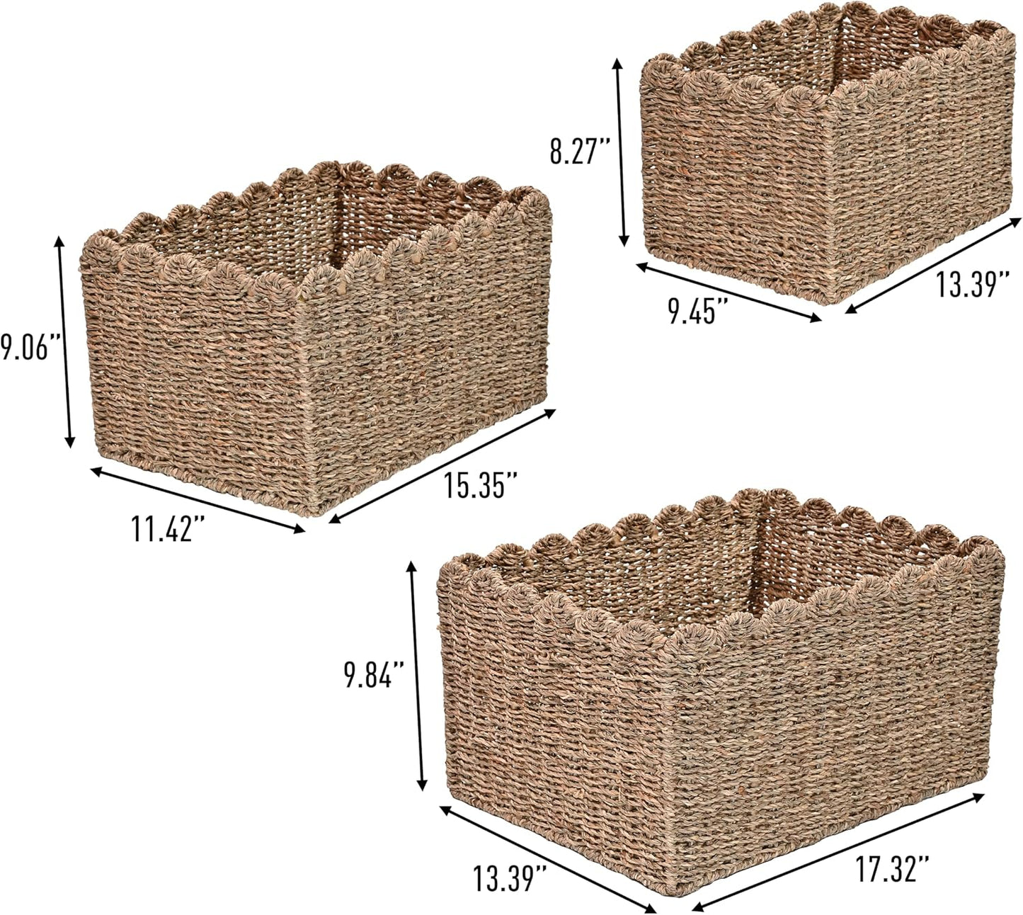 BSK2013A- Arden Coastal Cottage Seagrass Scalloped Rectangular Organizing / Natural / Set of 3