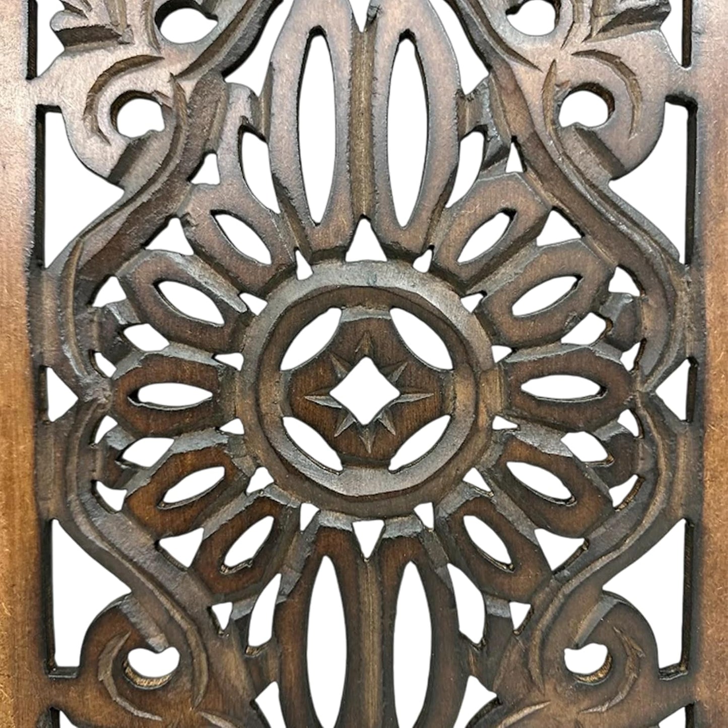 Floral Hand Carved Wooden Wall Panels / Rustic Brown / Set of 2