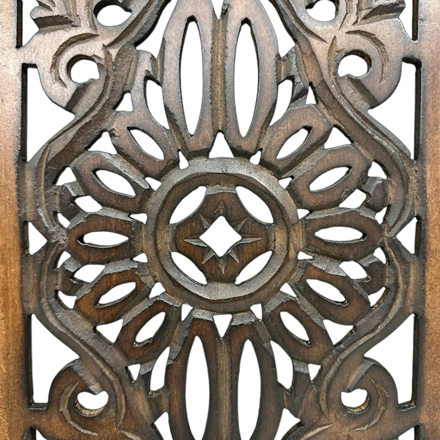 Floral Hand Carved Wooden Wall Panels / Rustic Brown / Set of 2