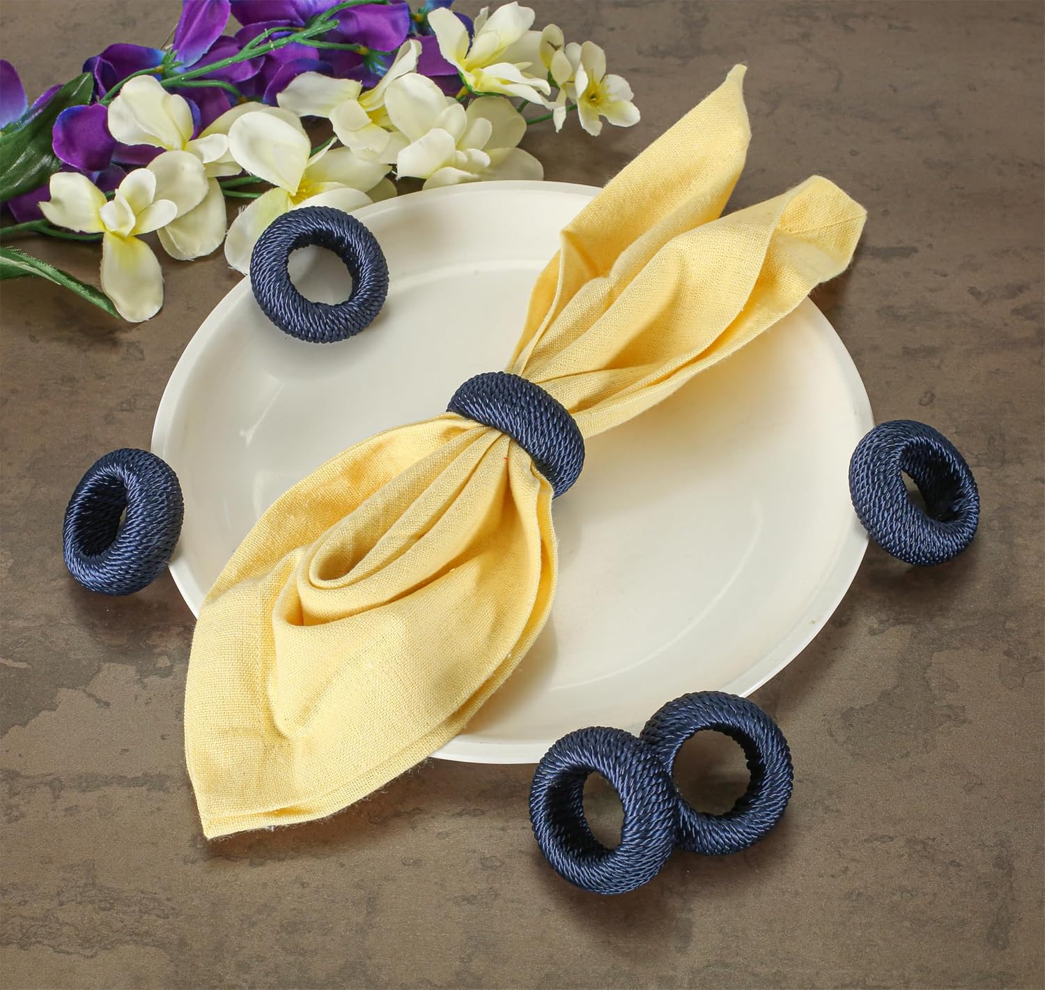 Alpha Living Home Woven Napkin Rings, Dark Blue, Set of 12 | Yarn-wrapped woven design, sturdy inner structure, fits