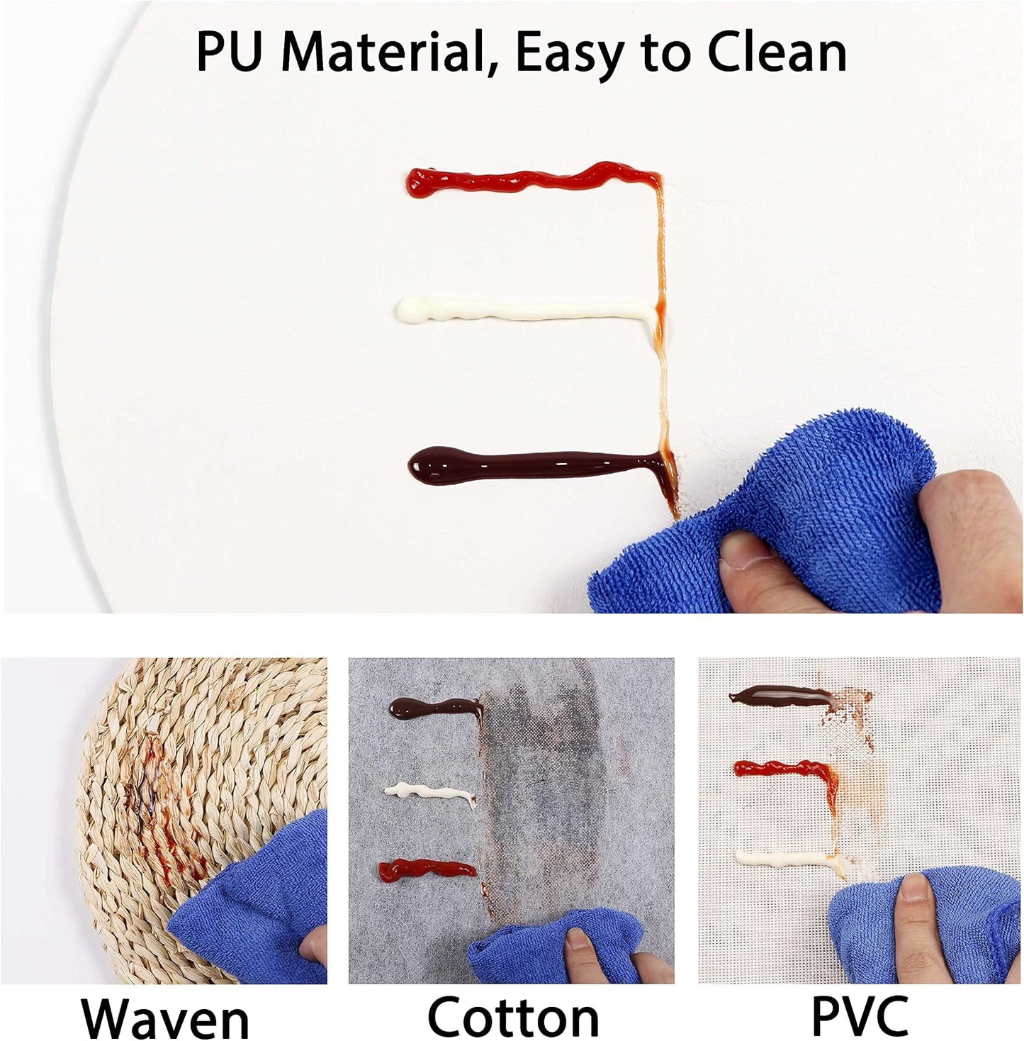 Embossed PU Leather Placemats, Waterproof Coffee Coasters, Kitchen Table Mats, Easy to Wipe Off for Dining Round Table