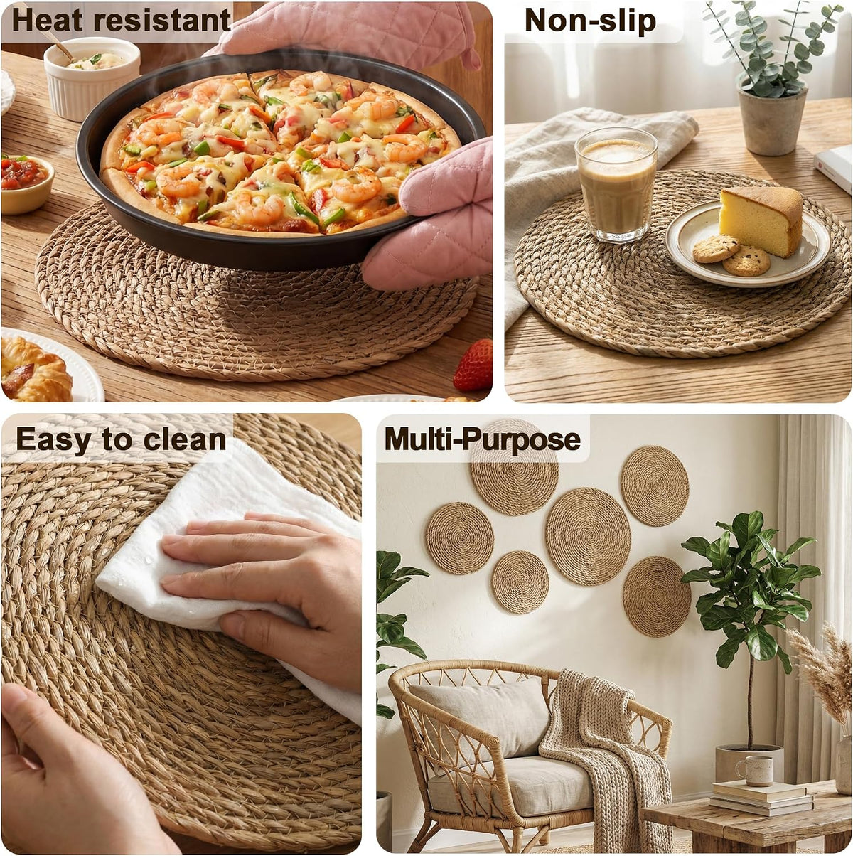 Round Woven Placemats 8PCS 13.5in Rattan Chargers Wicker Place mats | Woven Placemats Boho Farmhouse Rustic Wicker