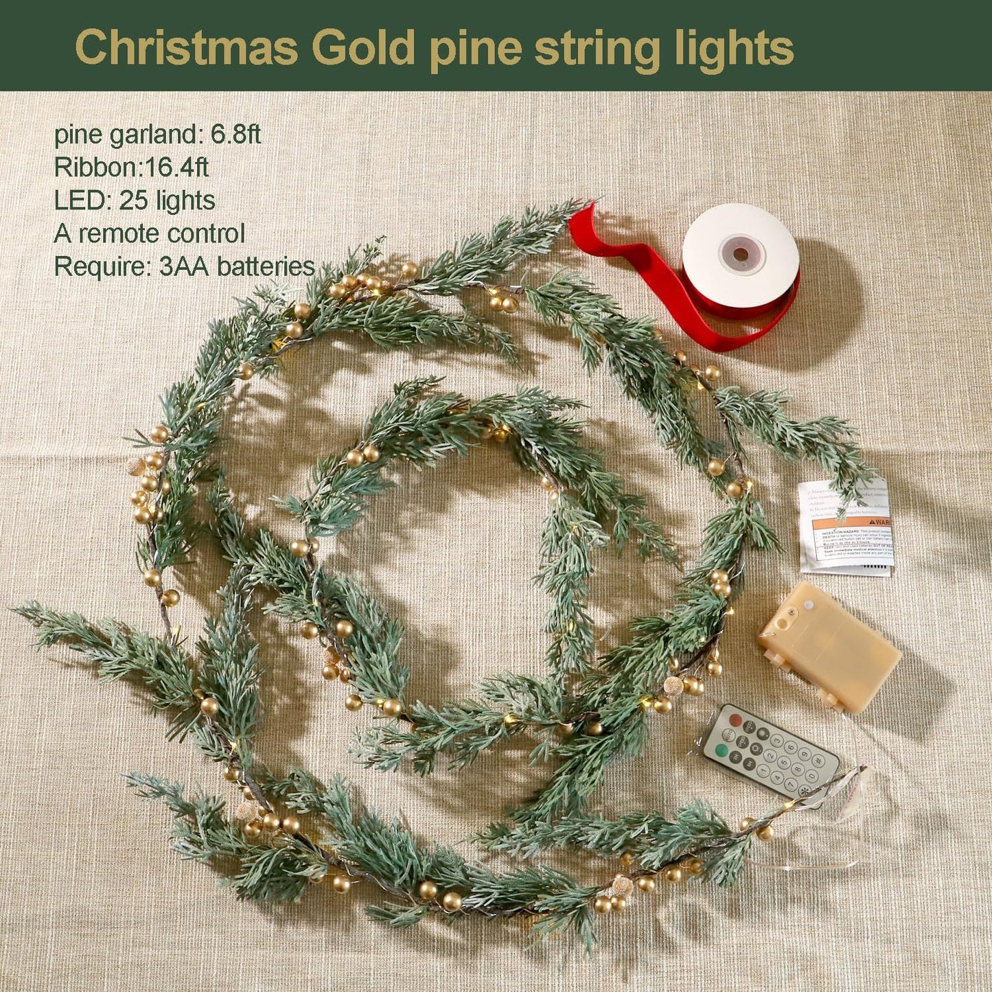 MIYA LIFE Evergreen Pine String Lights & Gold Berry 6.5FT & 25LEDs Lush Christmas Garland with Lights Battery Operated