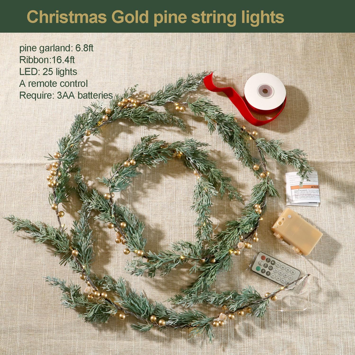 MIYA LIFE Evergreen Pine String Lights & Gold Berry 6.5FT & 25LEDs Lush Christmas Garland with Lights Battery Operated