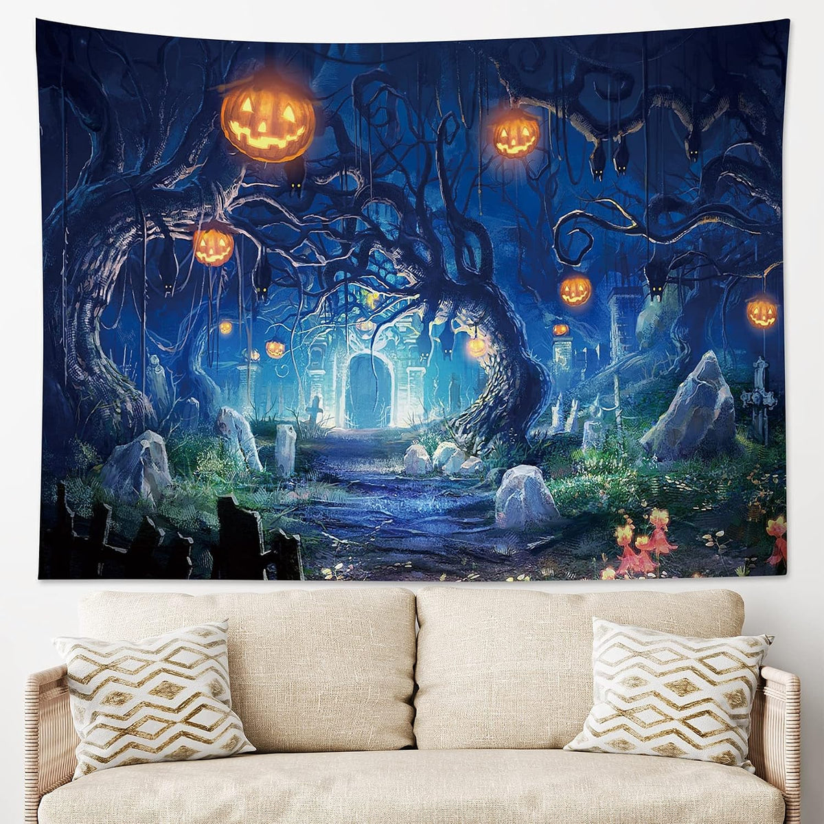 HVEST Halloween Tapestry Night Tapestry Wall Hanging Haunted Woods with Grave and Pumpkins Wall Blanket for Bedroom Living Room Dorm Decor,59W X 51H inches