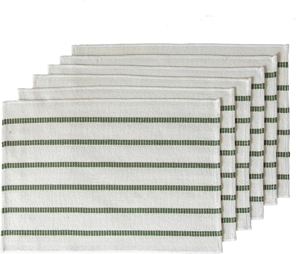 Boho Farmhouse Placemats Set of 6, Green Beige Stripes Cotton Linen Woven Table Mats for Modern Dining Table, 13x19