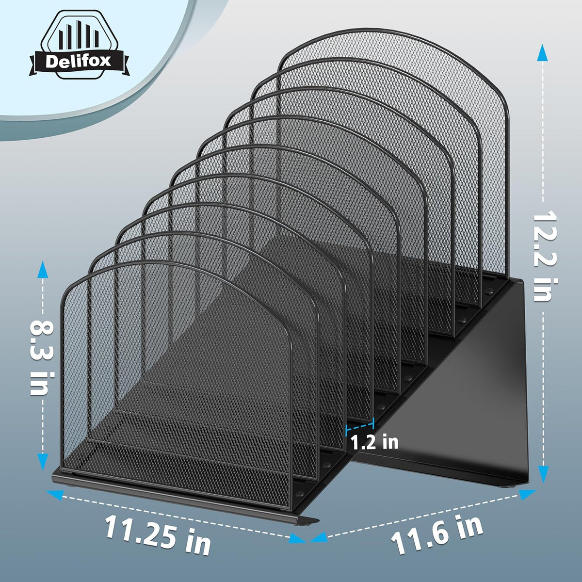 Delifox Inclined Desk File Organizer, 8-Section, Black | Upright Desk File Holder, Standing File Sorter, For Office