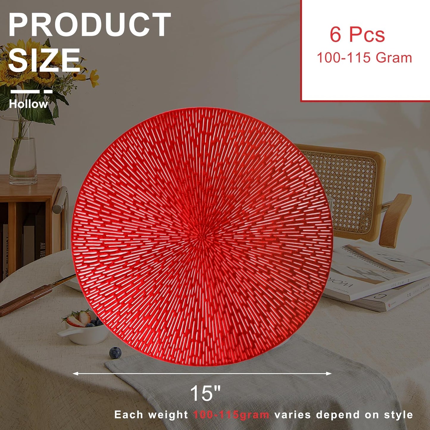 Snowkingdom Red Placemats Set of 6, Round Vinyl Metallic Hollow 15 Inch Place mats, Washable Wipeable Non Slip Stain