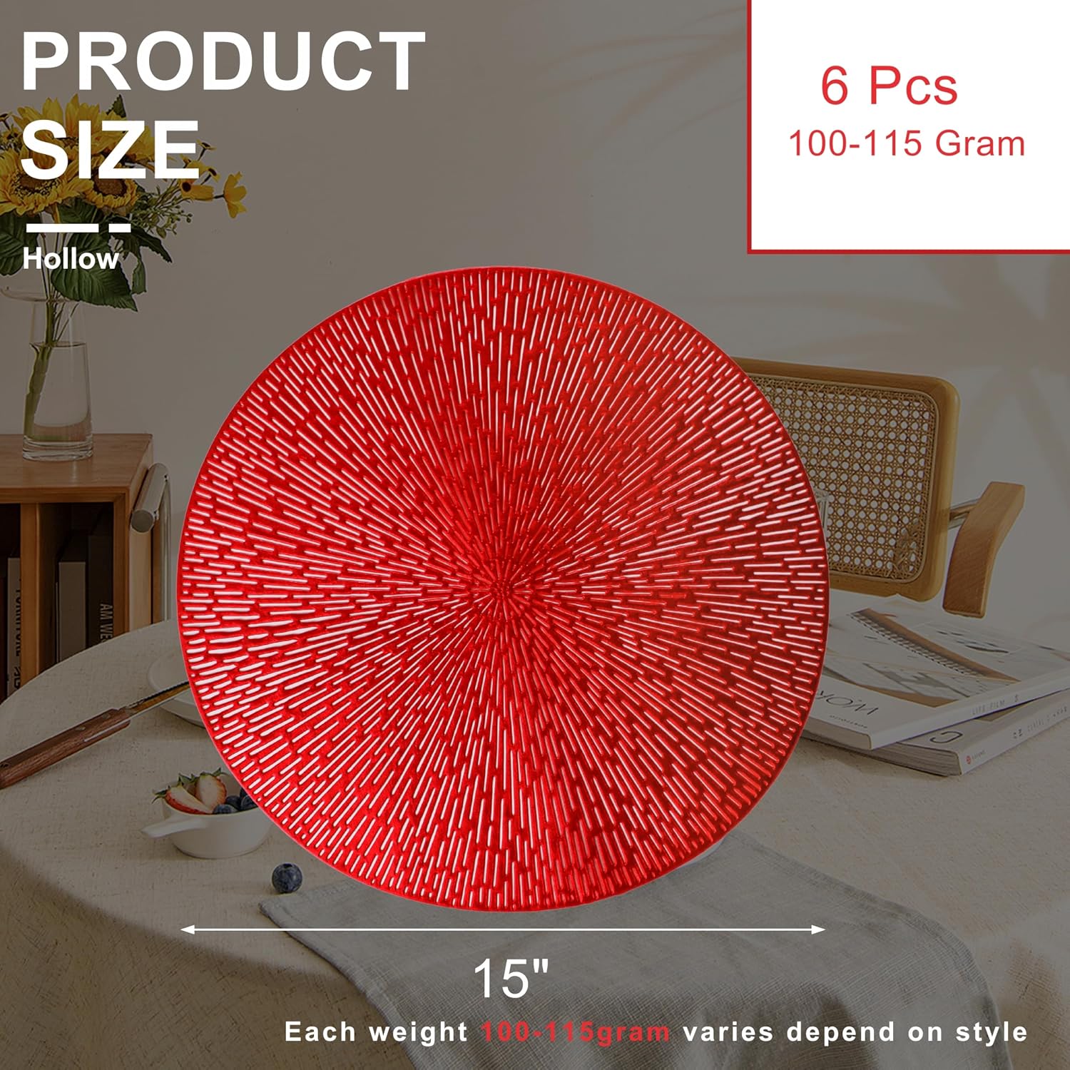 Snowkingdom Red Placemats Set of 6, Round Vinyl Metallic Hollow 15 Inch Place mats, Washable Wipeable Non Slip Stain