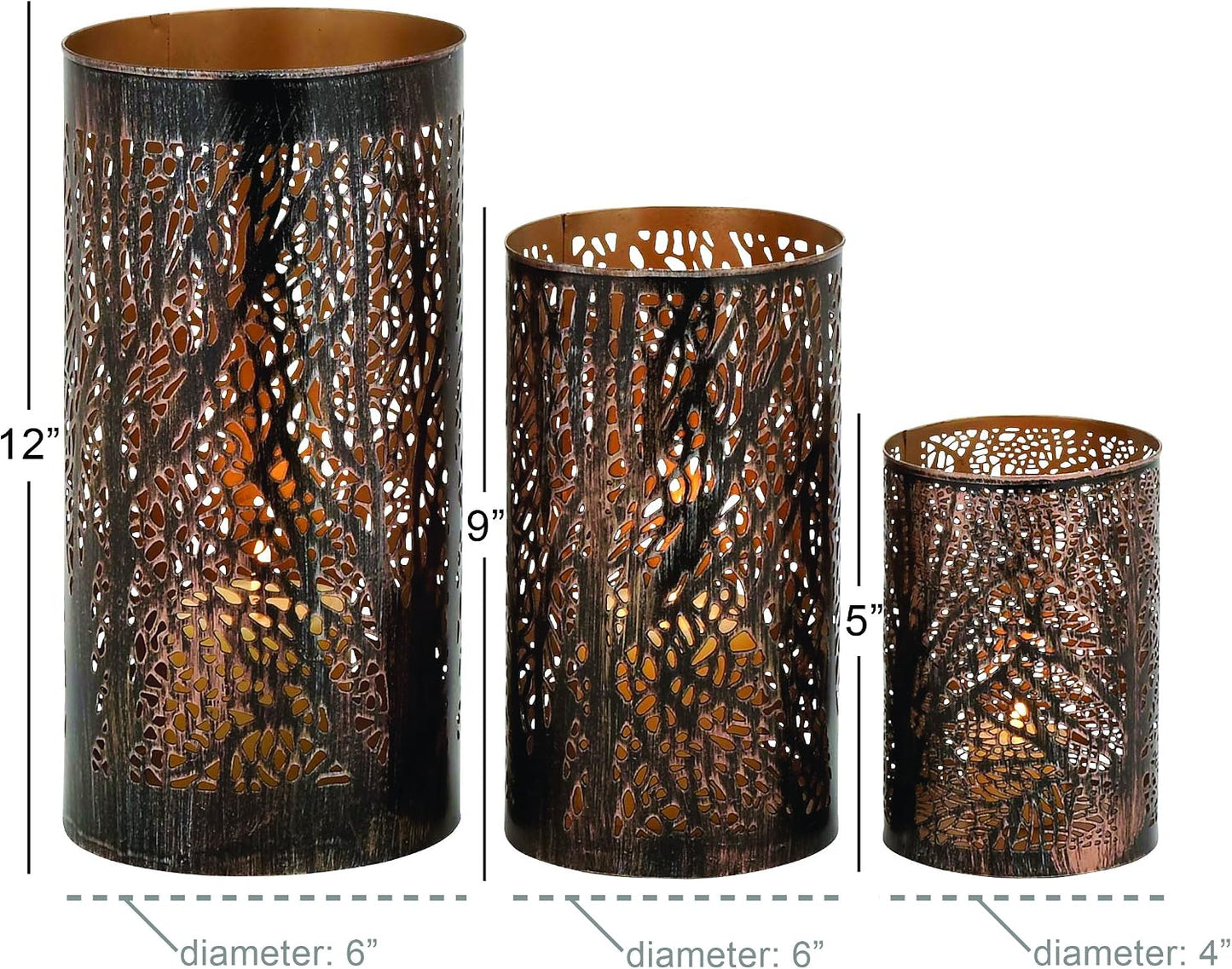 Deco 79 Metal Indoor Outdoor Candle Lantern 12", 9", 5"H, Brushed Bronze | Elevate tabletops, metal candle holder set