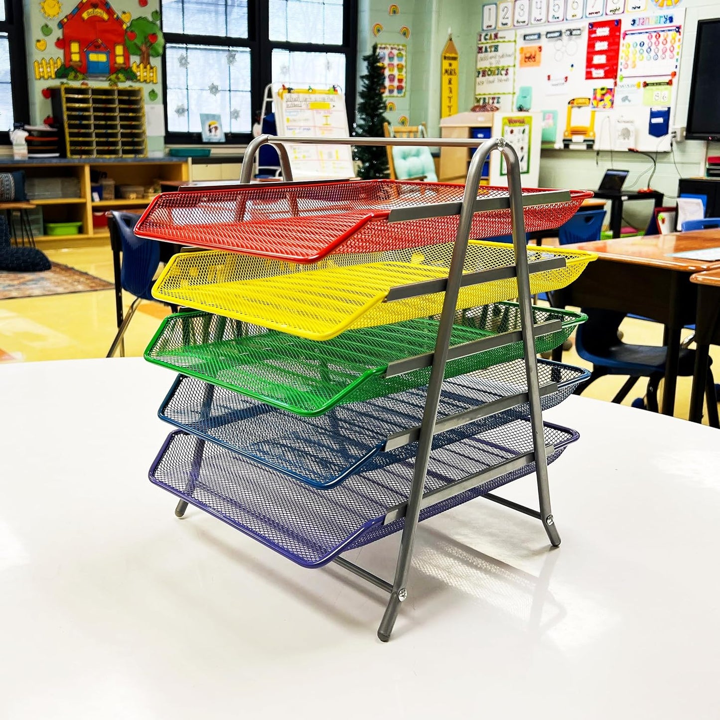 Mind Reader 5-Tier Paper Tray Organizer with Multicolor Trays, Classroom File Organizer for Teachers, Metal Mesh