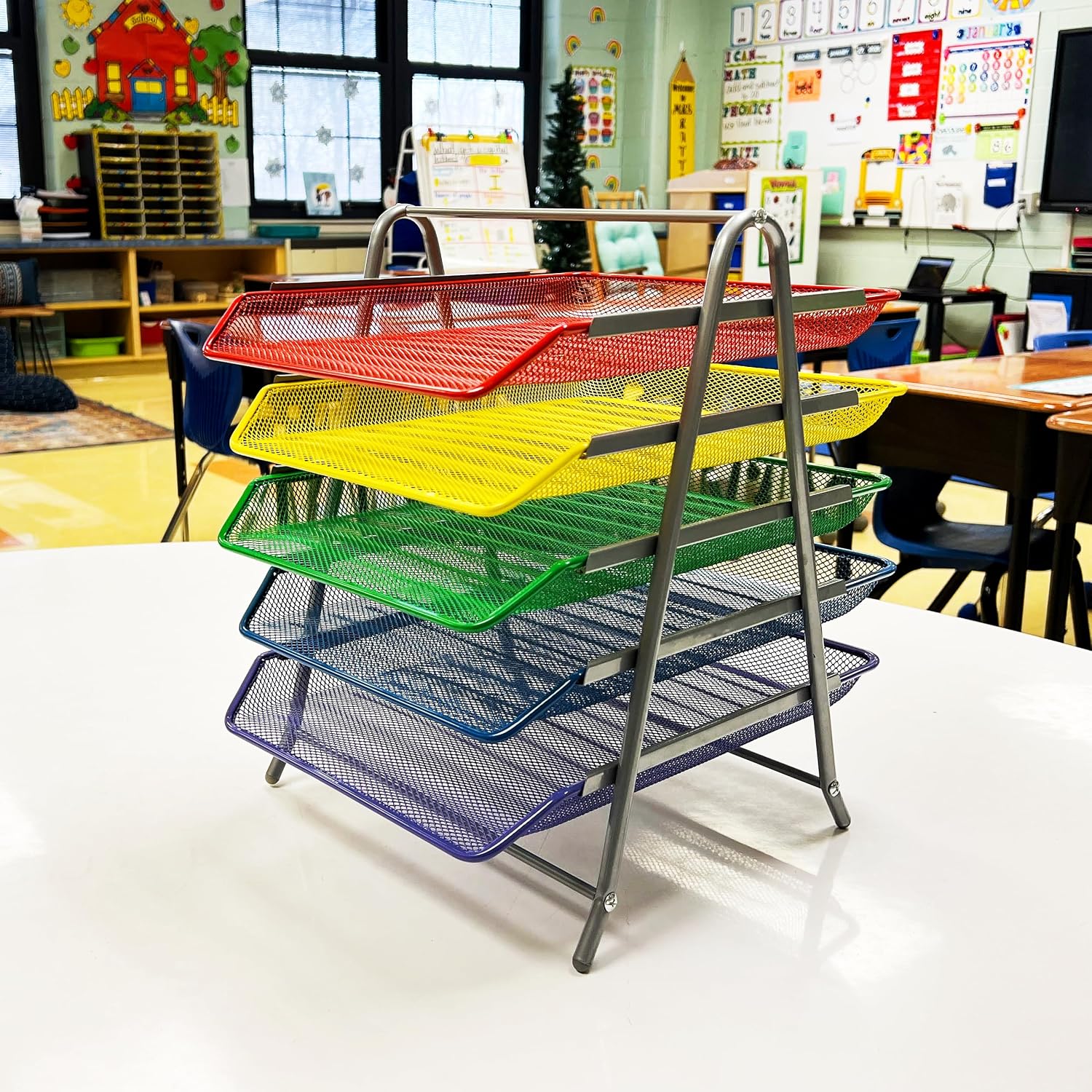 Mind Reader 5-Tier Paper Tray Organizer with Multicolor Trays, Classroom File Organizer for Teachers, Metal Mesh