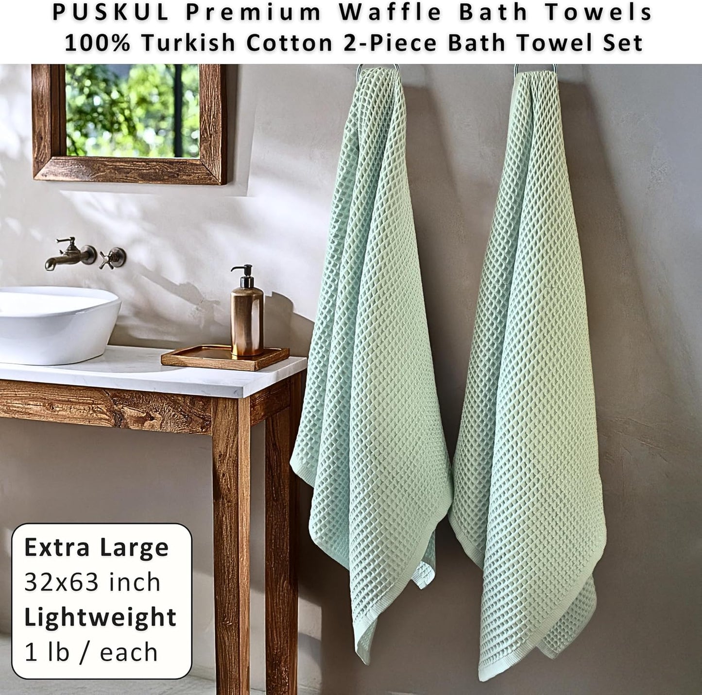 PÜSKÜL Natural 100% Turkish Cotton Waffle Bath Towels Set of 2, Extra-Large | Ice Green, Oversize 32x63" Bath sheet