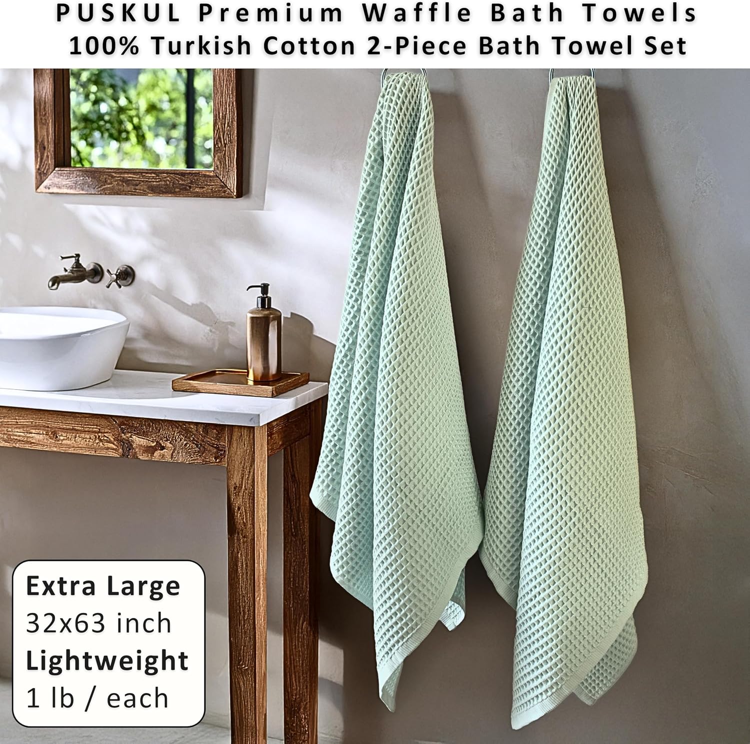 PÜSKÜL Natural 100% Turkish Cotton Waffle Bath Towels Set of 2, Extra-Large | Ice Green, Oversize 32x63" Bath sheet