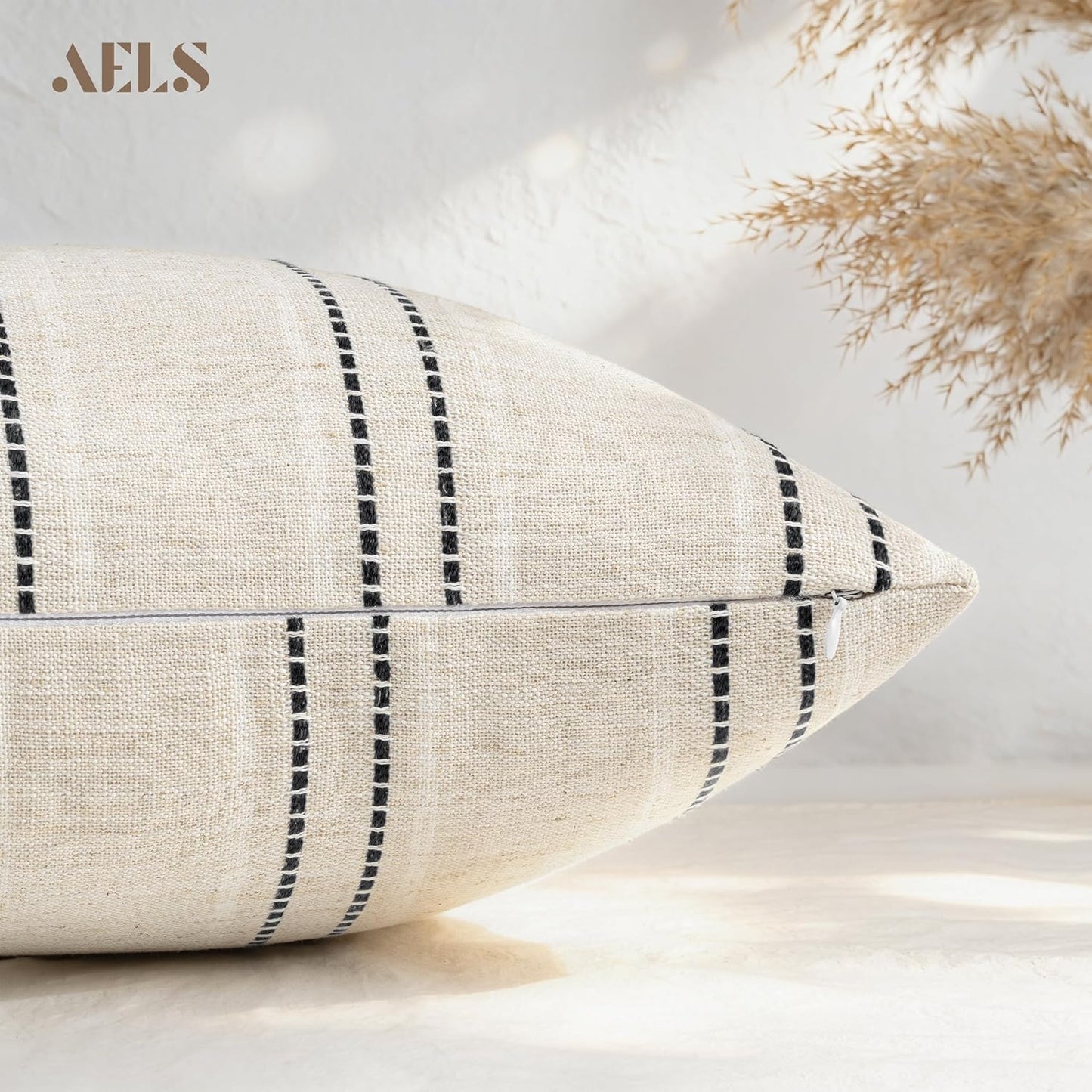 Boho Textured Pillow Case / Beige with White & Black / 18 x 18 / Set of 2