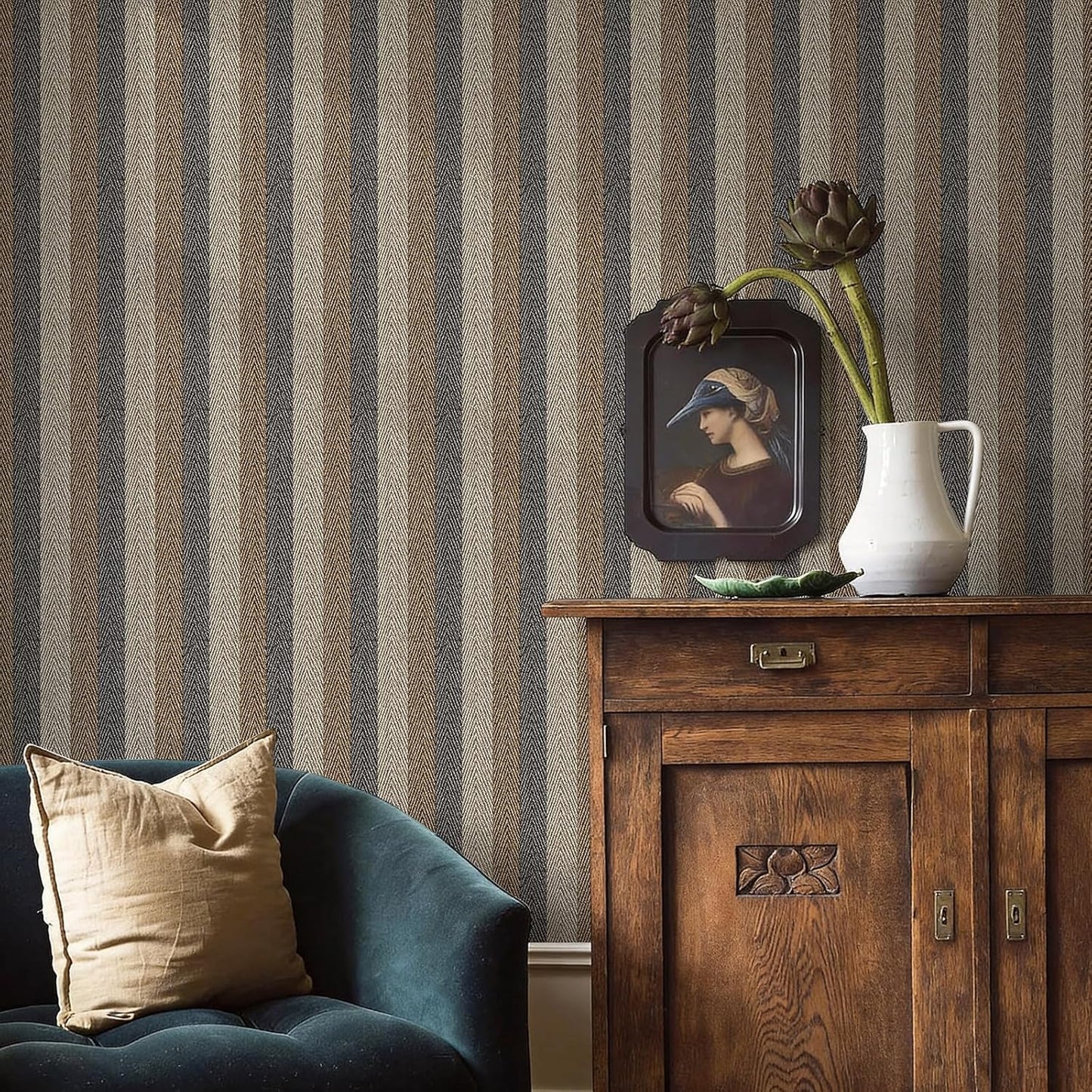 Textured Fabric Wallpaper Peel and Stick Large Size " Black/ /Grey Stripes / 26 x 400 / Brown