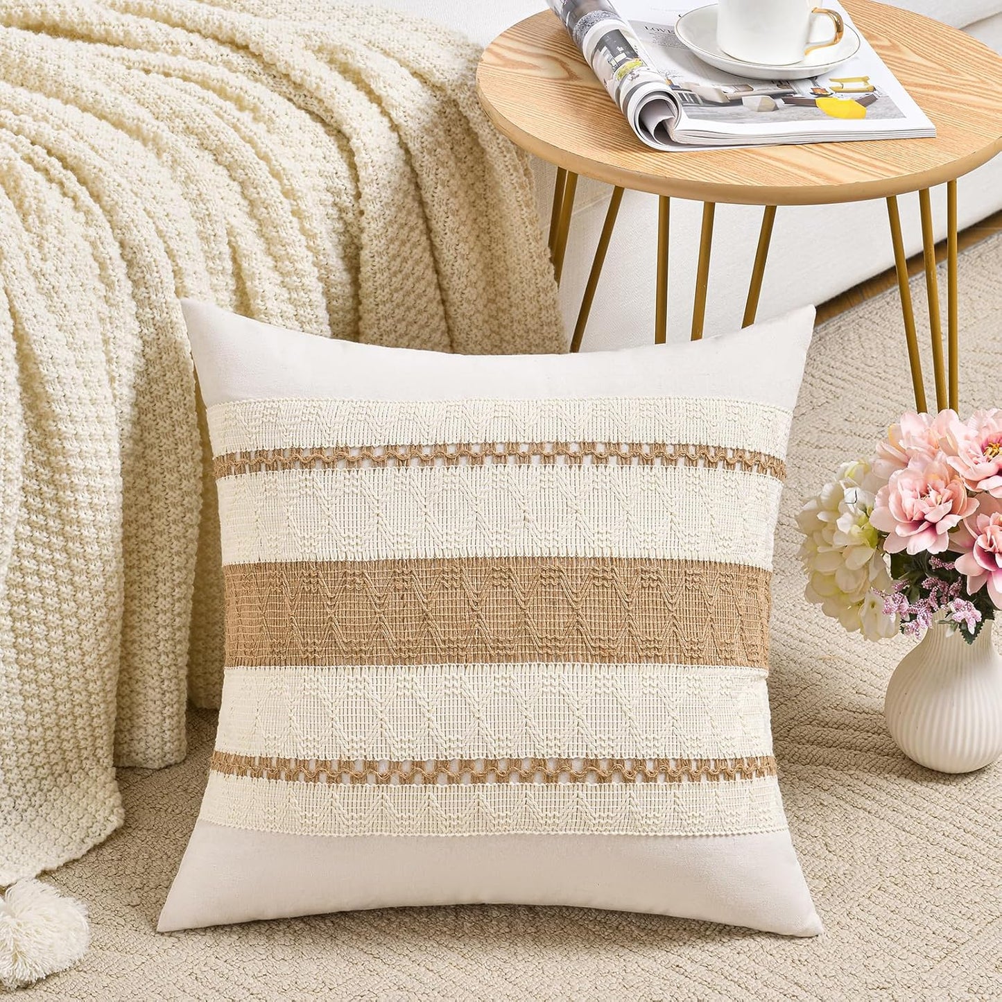 Boho Decorative Throw Pillow Cover / 18 x 18 / Neutral / Set of 2
