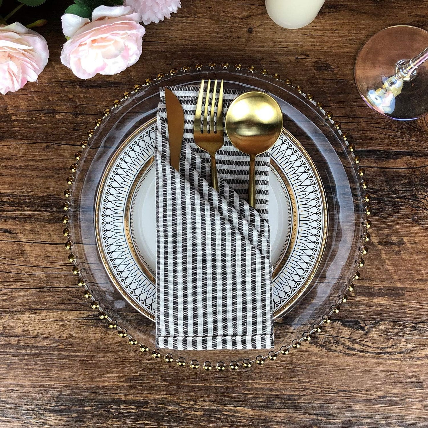 Plain Striped Cotton Linen Blended Dinner Cloth Napkins - Set of 12 (17 x 17 inches) - for Events & Home Use (Brown)