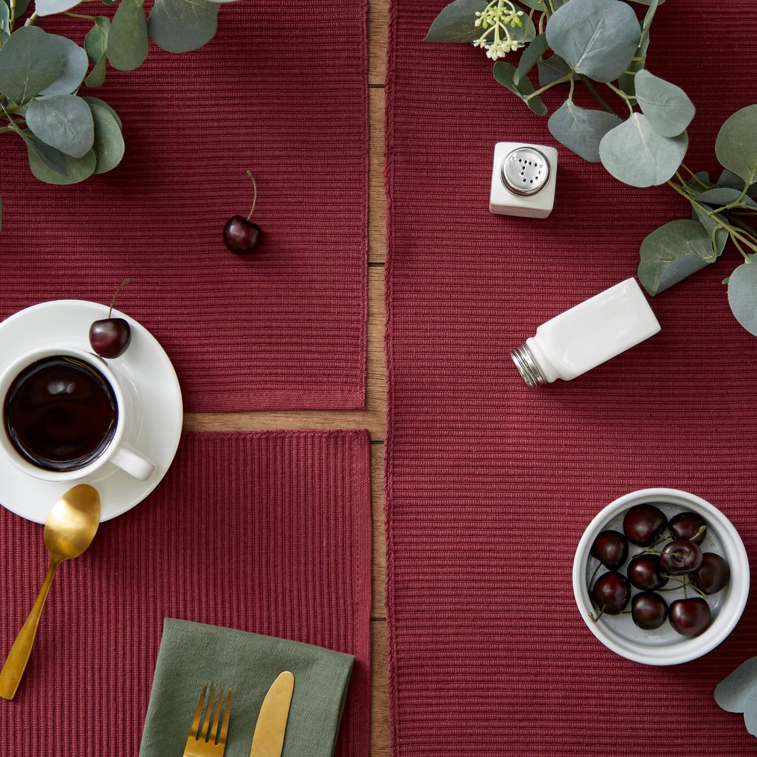 DII Basic Everyday Ribbed Tabletop 100% Cotton, Placemat Set, 13x19, Wine, 6 Piece