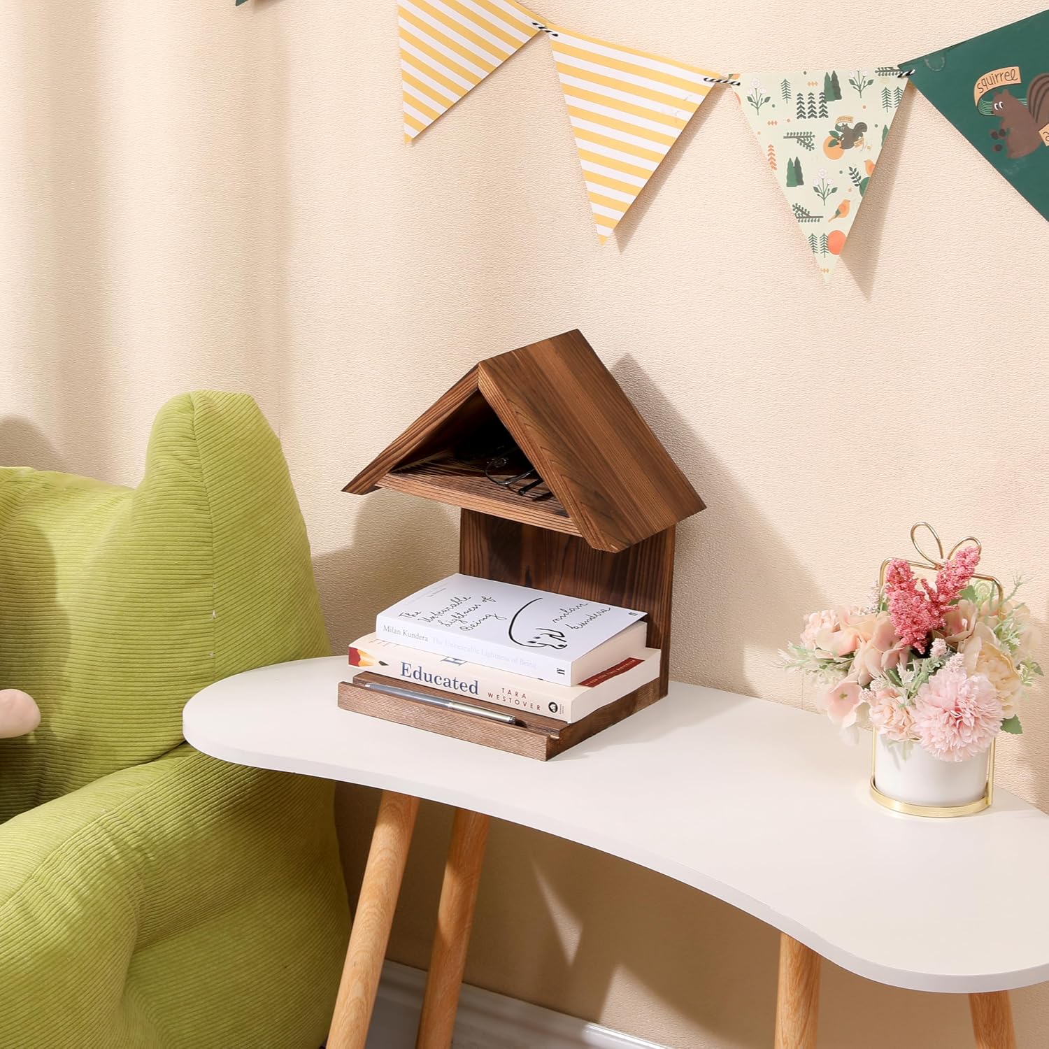 Floating Bedside Wood Bookshelf, Triangle Book Page Holder, Wooden Simple Bookcase for Bedroom Nightstand Library