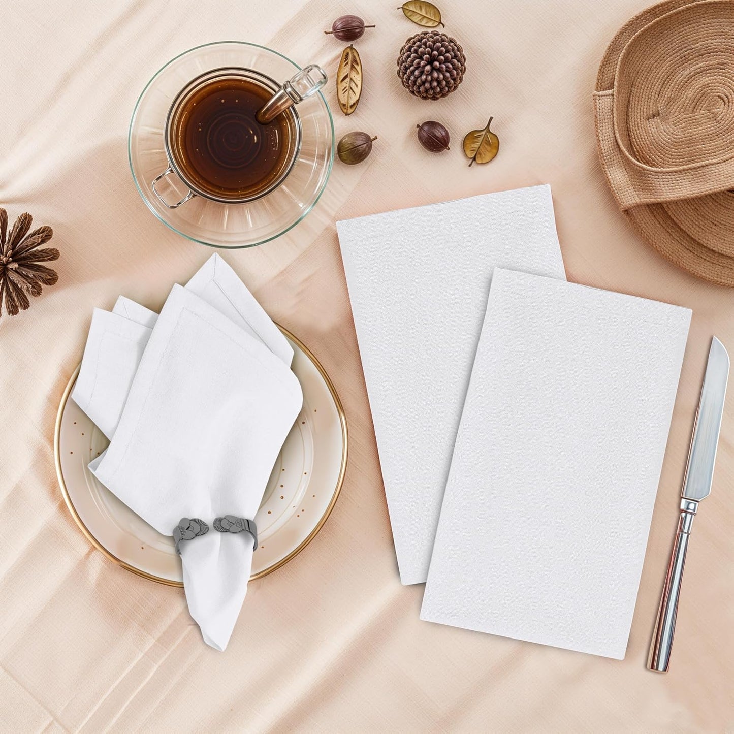 Ruvanti Cloth Napkins Set of 12, 100% Cotton 18”x18” - White | Washable, Soft, Durable & Absorbent Everyday Napkins.