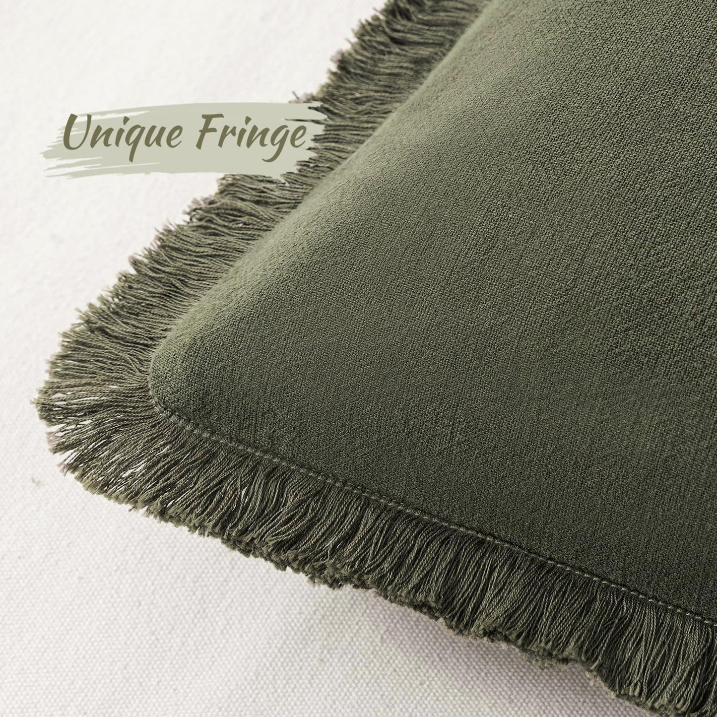 Decorative Throw Pillow Covers Neutral Linen Fringe Throw Pillows / 18 x 18 / Olive Green / Set of 2