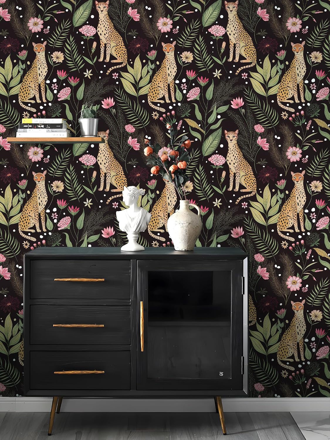 Peel and Stick Wallpaper Jungle Leopard Wallpaper Removable Floral Wallpapers / Black / 17.5 x 118