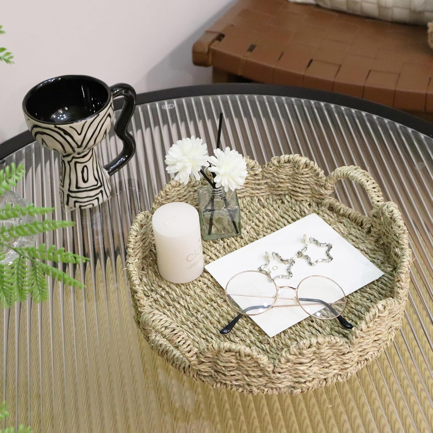 Scalloped Tray / Woven Tray for Ottoman / Seagrass