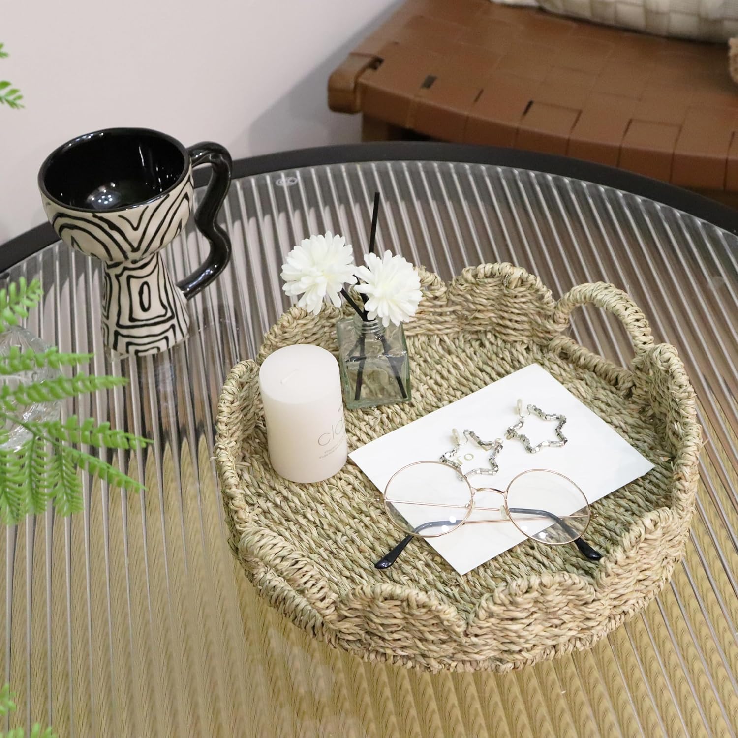 Scalloped Tray / Woven Tray for Ottoman / Seagrass
