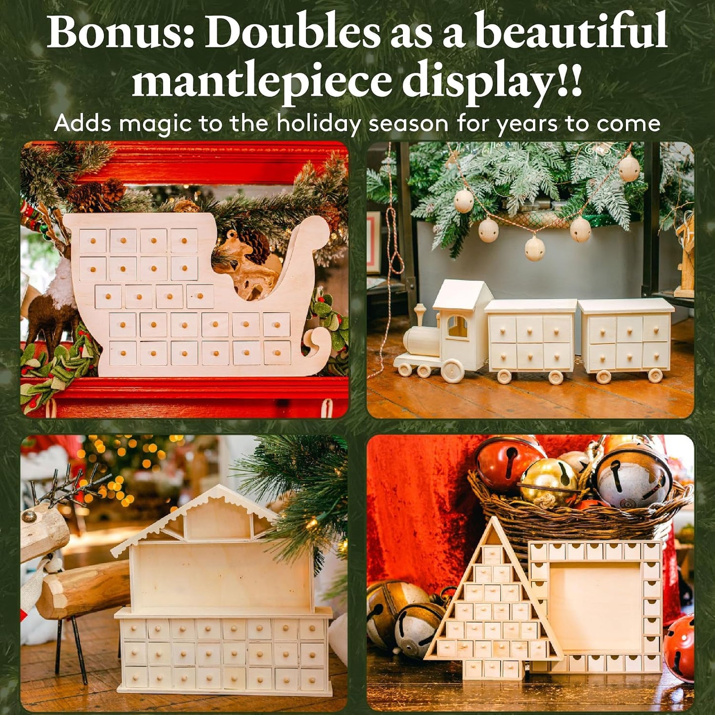 Advent Calendar 2024, Wooden Advent Calendars, Sleigh Shaped 12 Inch x 20 Inch, Pack of 2 Christmas Advent Calendar