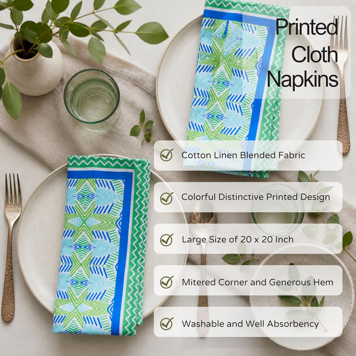 FINGERCRAFT Cloth Napkins Set of 12, 100% Cotton, 20x20 Inch, Blue Lagoon | Mitered corner, washable, soft, absorbent