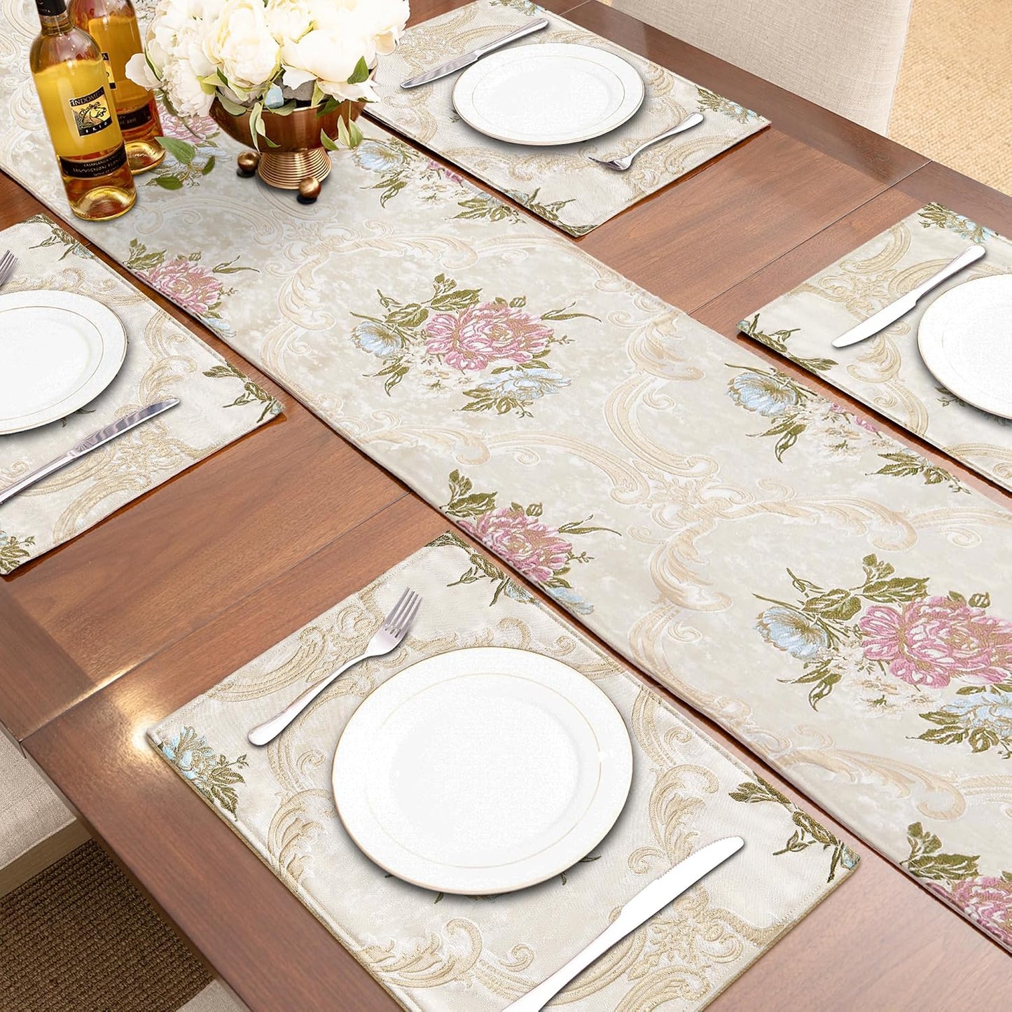 Loom and Mill European Jacquard Floral Table Runner 13x90 inch,Pearly Beige | Elegant Damask Dining Table Runners with