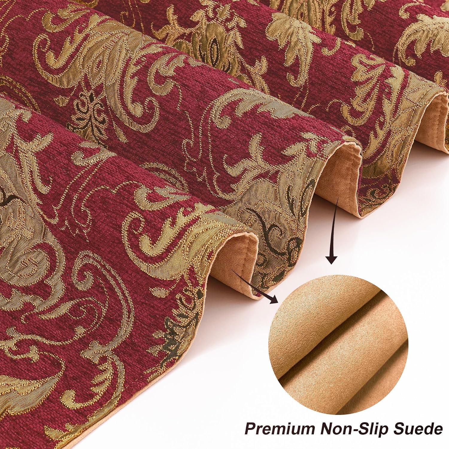Loom and Mill Luxury Vintage Chenille Table Runner 120 Inches Long, Red | Damask Jacquard Table Runners with