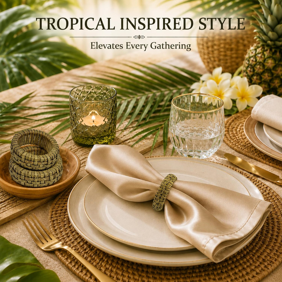 Cane Woven Napkin Rings, Set of 12 - Army Green | Natural cane with plastic core, 2.25x2.25x0.5 in. each, boho